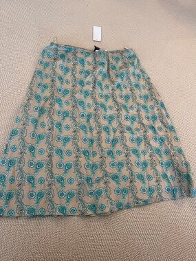 Neutral & Teal Floral A-Line Silk Skirt